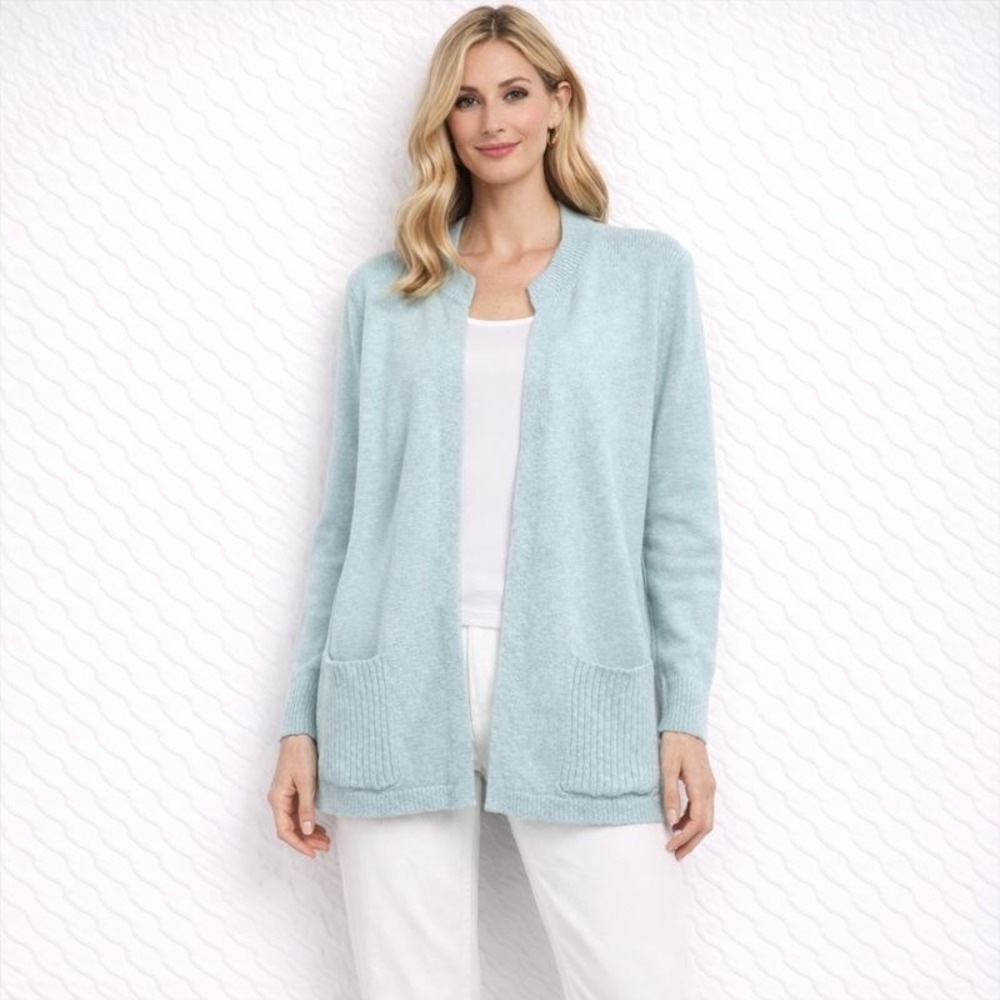 J Jill Open Front Pocket‎ Cardigan Sweater Soft Aqua Blue Cotton Women's XL